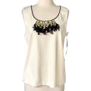 Ruby Rd. Cream Ribbed Beaded Tassel Sleeveless Top NWT